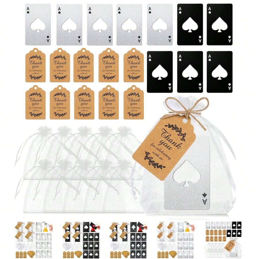30 Stück Poker Karten Flaschenöffner Set, inklusive 10 Pik Ass Flaschenöffner, 10 Stück Organzabeutel, 10 Stück Dankeskarten, Geschenke für Trauzeugen für Hochzeit, Geburtstag, Bridal-Shower (Silber und Schwarz)