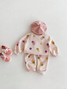 2pcs/Set Baby Girl Casual Allover Floral Print Waffle Long Sleeve Sweatshirt And Pants Set, Spring & Autumn - Apricot - View 7