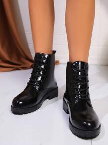 女士时尚靴子 新款百搭踝靴 复古英伦风靴子 - 黑色 - 查看 3