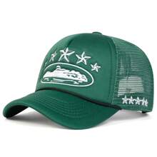 1 peça chapéu de motorista de caminhão bordado com estrela de cinco pontas, boné de beisebol da moda com malha, chapéu casual ao ar livre com proteção solar para viagens de primavera e outono, feriado de praia, Halloween