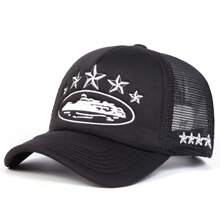 1 peça chapéu de motorista de caminhão bordado com estrela de cinco pontas, boné de beisebol da moda com malha, chapéu casual ao ar livre com proteção solar para viagens de primavera e outono, feriado de praia, Halloween