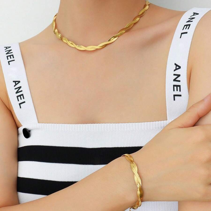 SET 2 PIECE Bracelet And Necklace European And American Temperament, High Quality K Gold Cross Titanium Steel Necklace Women's Suit, Ins Tide Internet Celebrity, Cold Wind, Clavicle Necklace - Vàng - Xem 1
