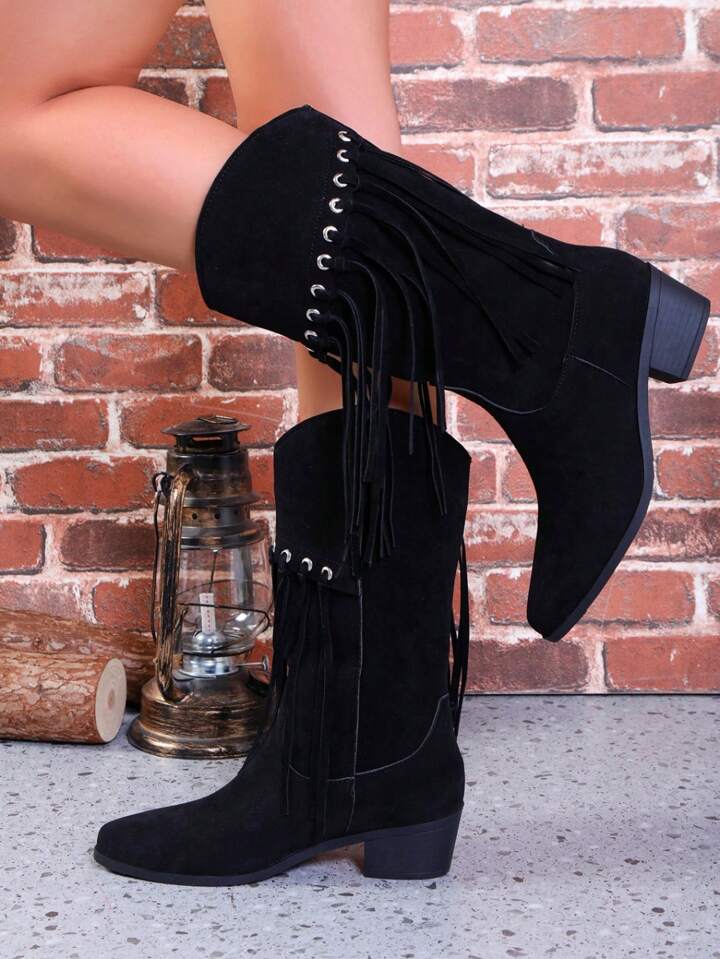 Women s Retro Fringe Mid Chunky Heel Western Cowboy Boots Suede Fashion Ankle Boots