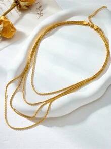 1pc 4-Layer Stainless Steel Twist Chain Necklace, Hip-Hop Style Collar Chain For Daily Wear - Yellow Gold - View 4