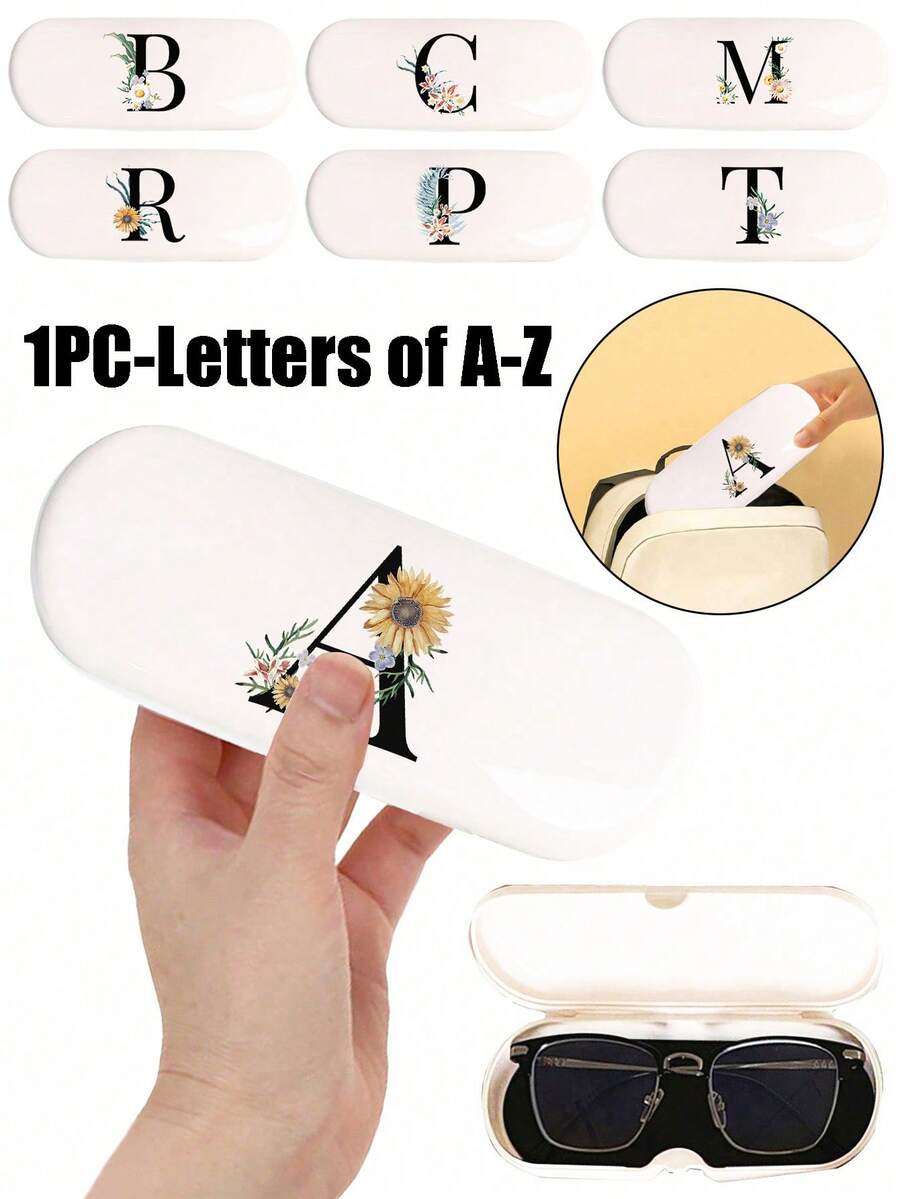 1个白色纯色眼镜盒，全新简约设计，便携，防水防尘（小巧，塑料材质）。A-Z字母硬壳眼镜盒，花卉图案，字母吊坠眼镜盒，适用于太阳镜和近视眼镜。 - 白色 - 查看 1