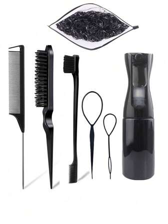 7 件套美发工具套装，包括 2 个法式编织工具、1 个鼠尾梳、1 个顺发刷、1 个分发梳、1 个 200 毫升喷雾瓶和 1 包 1000 个松紧带、适用于干湿卷发的顺发刷、用于分配造型的发刷、适用于浓密和稀疏头发护理的发刷（可单独购买 1 包 1000 个松紧带）