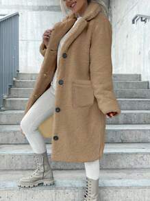 Long Sleeve Solid Color Fleece Collar Long Coat - Khaki - View 1