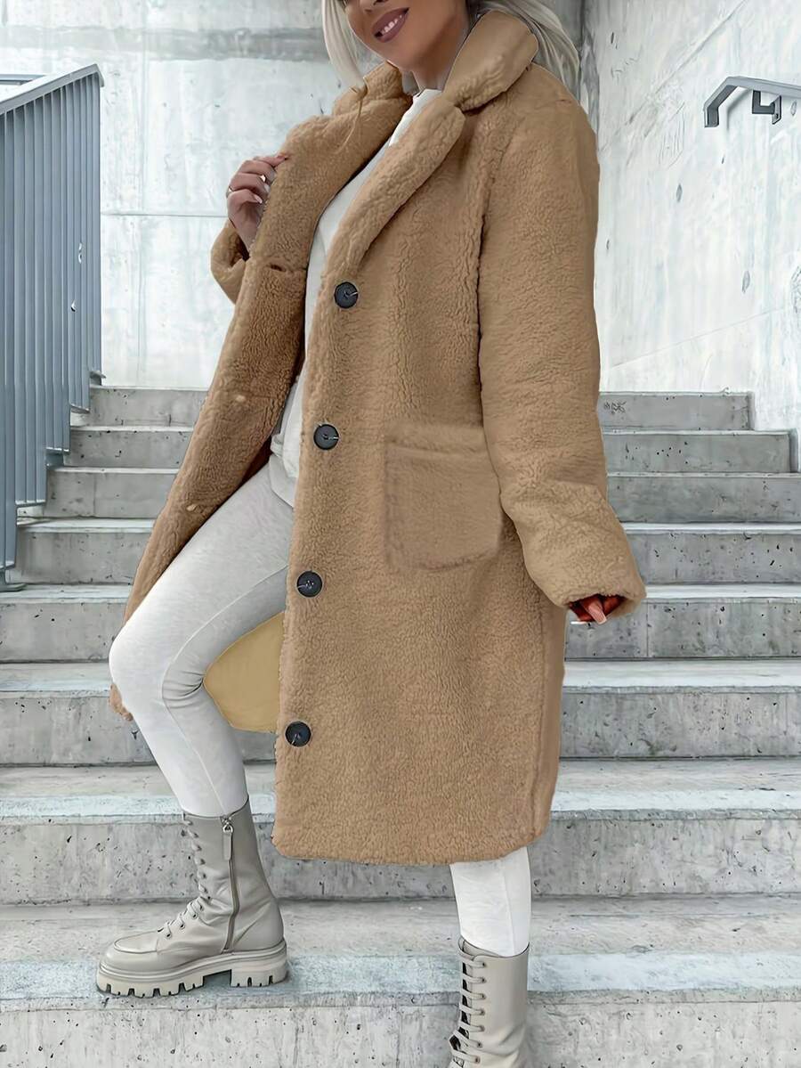 Long Sleeve Solid Color Fleece Collar Long Coat - Khaki - View 1