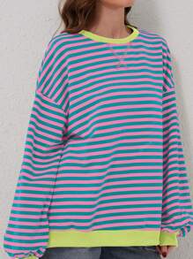 Sudadera holgada de manga larga con cuello redondo, bloques de color y diseño rayado, para mujer, apta para primavera/verano