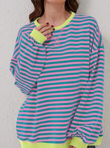 Sudadera holgada de manga larga con cuello redondo, bloques de color y diseño rayado, para mujer, apta para primavera/verano