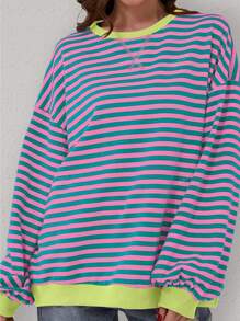 Sudadera holgada de manga larga con cuello redondo, bloques de color y diseño rayado, para mujer, apta para primavera/verano