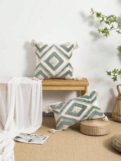 1pc/2pcs Set Rhombus Pattern Throw Pillow Cover, Nordic Ins Style Moroccan Tufted Embroidery Tassel Cushion Cover, Home Decor Pillow Sham For Living Room Sofa Bedroom, 30*50cm, 45*45cm (No Pillow Insert)
