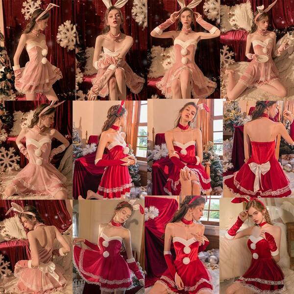 Sexy Lingerie Minimalist Sexy Winter Christmas Velvet Dress Holiday Celebration Uniform Long Rabbit Ear Fur Ball Lace Decoration