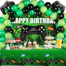 Video Game Birthday Party Decorations Set, Gaming Happy Birthday Supplies Includes Video Game Backdrop, Table Covers, Balloons And Foil Gamer Balloons For Birthday Party (Green And Black) Holiday Party Supplies Anniversary Decorations, 70th Birthday Decorations, 18th Birthday Decorations, Halloween Thanksgiving Christmas Decoration - Green Game Party Set - View 1