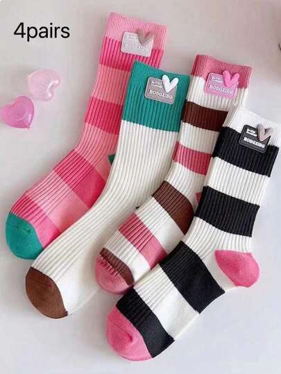 4pairs Women's Striped Heart Pattern Mid-Calf Socks, Cute Socks, Fall
