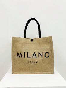 2pcs Set: Italian Milan Style Jute Tote Bag & Mini Coin Purse, Lightweight Shopping Bag - Khaki - View 4