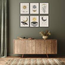 6pcs Unframed Abstract Canvas Wall Art Prints, Boho Golden Colors Esoteric Alchemy Mystical Magic Posters, Crescent, Sun, Stars, Floral Elements, Moth, Occultism Wall Decor