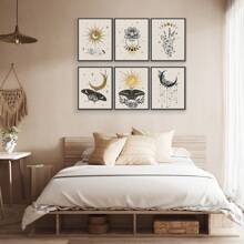 6pcs Unframed Abstract Canvas Wall Art Prints, Boho Golden Colors Esoteric Alchemy Mystical Magic Posters, Crescent, Sun, Stars, Floral Elements, Moth, Occultism Wall Decor