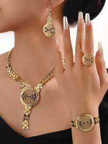 5 件/套女士圆形镂空防过敏铜材质高品质女士晚礼服日常佩戴 18k 镀金首饰套装 - 金黃色 - 查看 1