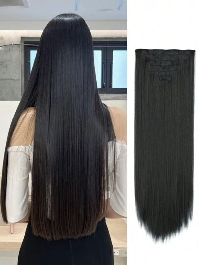 18-32 Inch Straight Clip-In Hair Extensions, 7pcs Set, 16 Clips, Ombre Color, Heat Resistant Fiber, For Women & Girls, Black Long Straight Ombre Hair Extensions, Heat Resistant Fiber, Women Hair Style