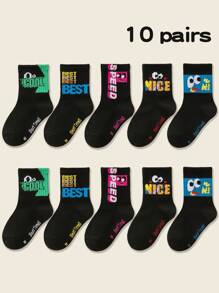 10 Pairs Kids Boys/Girls Spring Autumn Casual Black/Colorful "BEST" Letter, Cute Eyes, Expressions Patterned Thin Socks, Fashion Mid-Length Crew Socks For Children - Multicolor - View 14