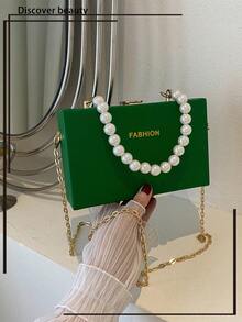 1pc Green Faux Pearl Handle Mini Square Bag With Chain Strap, Magenta PU Solid Color Box Style Bag, Fashionable Foil Letter Closure Small Case Suitable For Gift - Green - View 2
