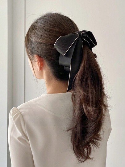 1pc Women's Black & White Color Block Acrylic Multi-Layer Bow Satin Fabric Vertical Ponytail Banana Clip, Elegant Hair Clip For Daily Wear, Dating, Outings, Gatherings