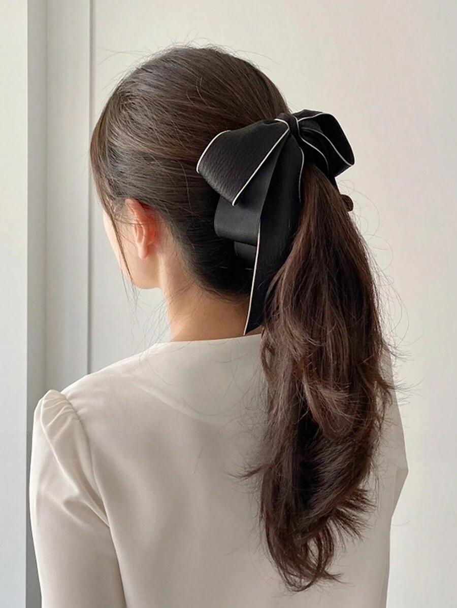 1pc Women's Black & White Color Block Acrylic Multi-Layer Bow Satin Fabric Vertical Ponytail Banana Clip, Elegant Hair Clip For Daily Wear, Dating, Outings, Gatherings - Black - View 1