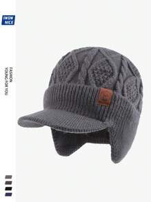 Winter Ear Warmer Thickened Lined Men Beanie Hat, Vintage Thick Faux Wool Knitted Baseball Cap With Brim For Women, Warm Knitted Hat With Brim And Ear Flaps For Outdoor Warmth, Best Holiday Gift For Dadwinter Hat