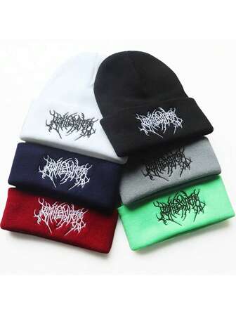1pc Men's New Punk Style Acrylic Warm Embroidered Outdoor Beanie Cap, Autumn Winter Fall Outfit