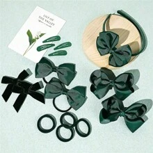 15pcs/Set Green Uniform Hair Bows Hair Clips Headband Hair Ties Set Hair Accessories For Little Toddler School Girls Christmas Party - Green - View 4