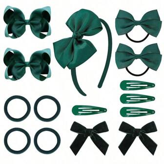 15pcs/set Green Uniform Hair Bows Hair Clips Headband Hair Ties Set Hair Accessories for Little Toddler School Girls Christmas Party