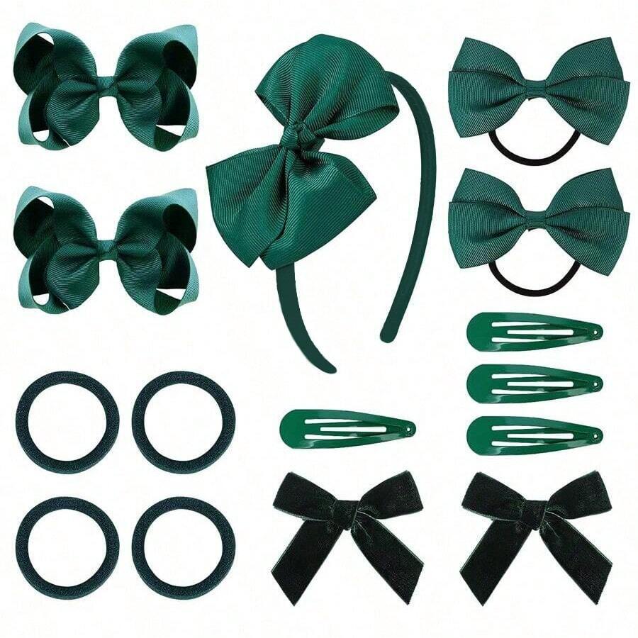 15pcs/Set Green Uniform Hair Bows Hair Clips Headband Hair Ties Set Hair Accessories For Little Toddler School Girls Christmas Party - Green - View 1