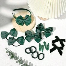 15pcs/Set Green Uniform Hair Bows Hair Clips Headband Hair Ties Set Hair Accessories For Little Toddler School Girls Christmas Party - Green - View 3