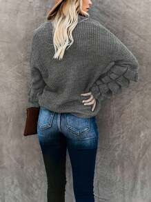 Simple, Casual, Versatile, Solid-Color, Round-Neck, Ruffle Sleeve Design Long Sleeve Women Sweater, Spring Autumn Winter Tops For Ladies