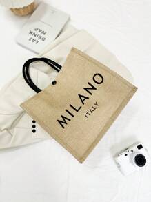 2pcs Set: Italian Milan Style Jute Tote Bag & Mini Coin Purse, Lightweight Shopping Bag - Khaki - View 6