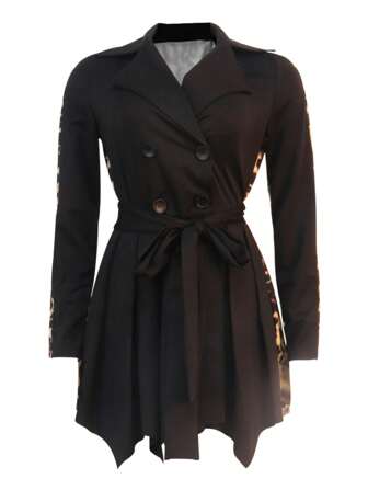 Women's Autumn Fashionable Leopard Print Patchwork Lapel Double-Breasted Tie-Belt Ruffle Asymmetrical Hem Jacket