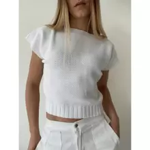 Women's Fashion Modal Knit T-Shirt Summer Cropped Boat Neck - 奶油色 - 查看 1