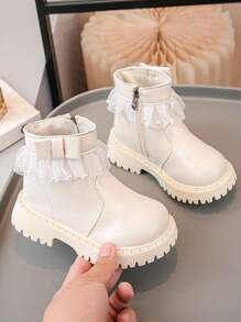 新款女孩简约蕾丝装饰靴，舒适时尚，适合户外/派对穿着 - 米色 - 查看 3