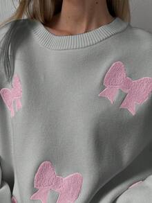 Joy Knit Women's Fashionable Casual Loose Bow Embroidery Decor Crew Neck Sweater, Suitable For Daily Wear, Sports And Commuting, Spring - Grey - View 3