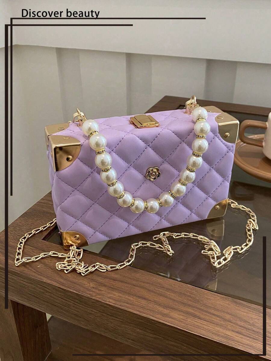 Túi xách hộp trang trí đính đá Rhinestone hình lưới kim cương chần bông chắc chắn có dây đeo xích kim loại, Túi đeo chéo nữ, Quà tặng thời trang - Màu tím - Xem 1