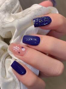 1 片/套海军蓝雪花图案指甲贴，全覆盖彩色指甲条，闪闪发光的 DIY 指甲装饰贴纸，送给女孩的日常礼物， - 藏蓝色 - 查看 3