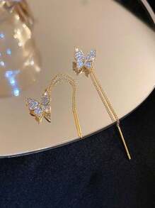 2pcs Korean Style Sweet & Cool Alloy Long Tassel & Rhinestone Butterfly Threader Earrings For Women Daily - Yellow Gold - View 2