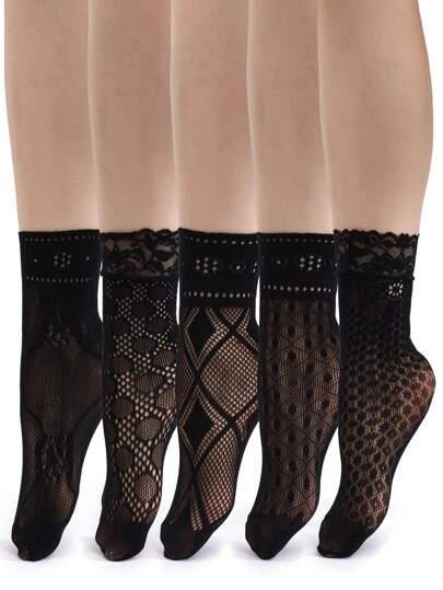 5 pares de calcetines cortos de tobillo elásticos con transparencia, estilo floral de malla, tipo vintage de verano para damas, calcetines negros de encaje tipo Lolita para vestidos de mujer