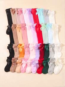 12pairs Infant/Toddler Solid Color Bow Decorated Socks For Fall/Winter - Multicolor - View 3