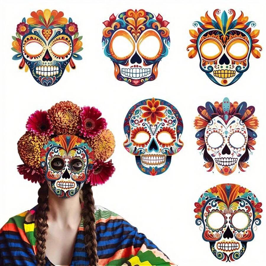 6 Mặt nạ giấy hình đầu lâu Ngày của người chết Mặt nạ toàn mặt có dây thun Phụ kiện tiệc - Nhiều màu - Xem 1