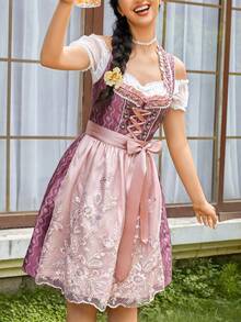 Women's German Dirndl Dress 3 Pieces Traditional Oktoberfest Costumes - Hot Pink - View 4