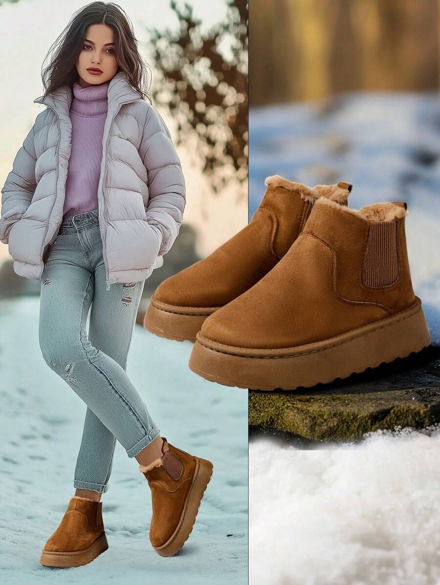 女款厚實保暖側彈力帶圓頭中筒厚底切爾西雪地靴，復古冬季黑色麂皮通勤大尺碼鞋 - 黑色 - 查看 1