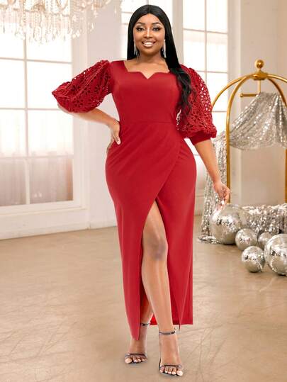 Plus Size Hollow-Out Lace Lantern Sleeve Wrap Front Slit Dress