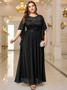 加大优雅蝴蝶袖雪纺亮片蕾丝紧身晚会长裙 - 黑色 - 查看 1